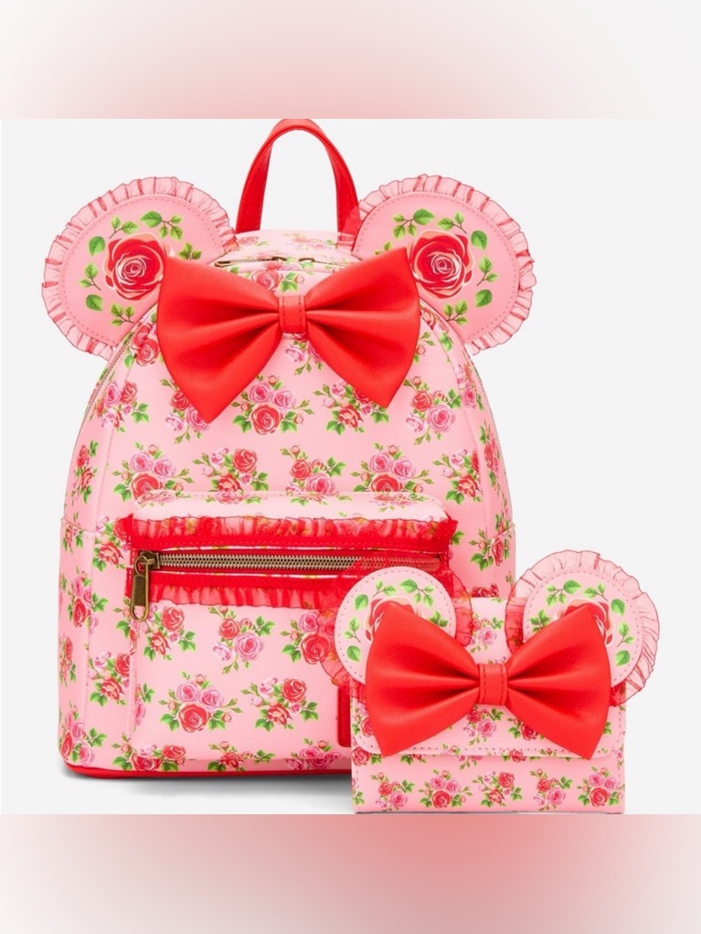 Disney Loungefly Disney Minnie Mouse Pink & Red Roses With Mini Flap Wallet